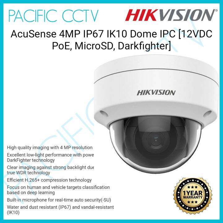 HIKVISION EasyIP AcuSense 4MP IP67 IK10 Dome IPC [12VDC/PoE, MicroSD ...