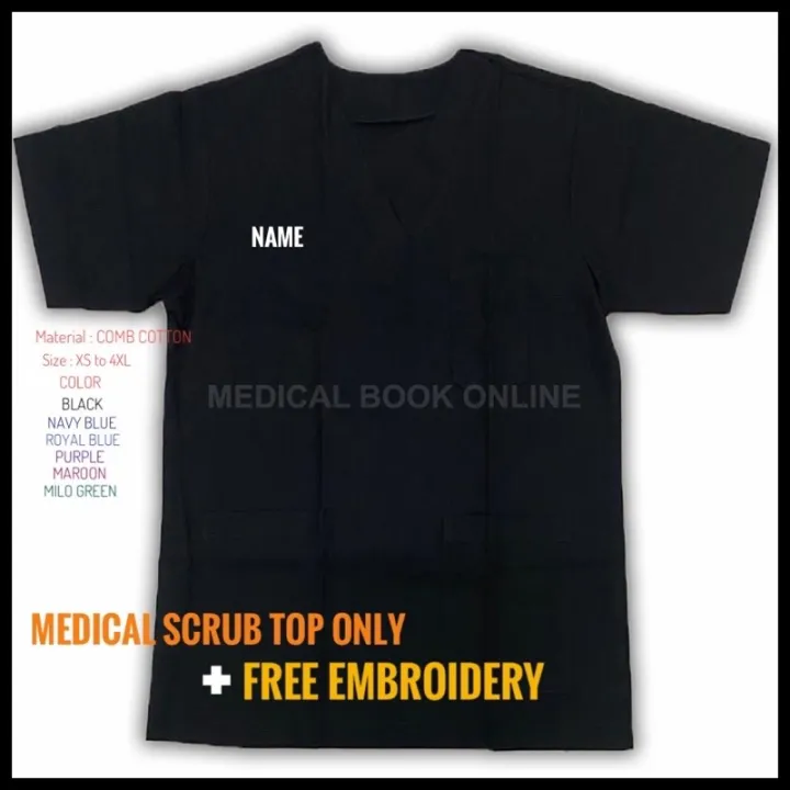 ( Free Embroidery ) Medical Scrub Top Only / Baju Scrub + Embroidery