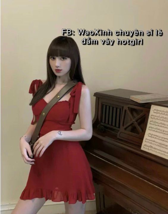 HCM]Đầm Váy Đỏ 2 Dây Nơ Vai Hẹn Hò Xinh Đẹp Tiểu Thư Dễ Thương ...