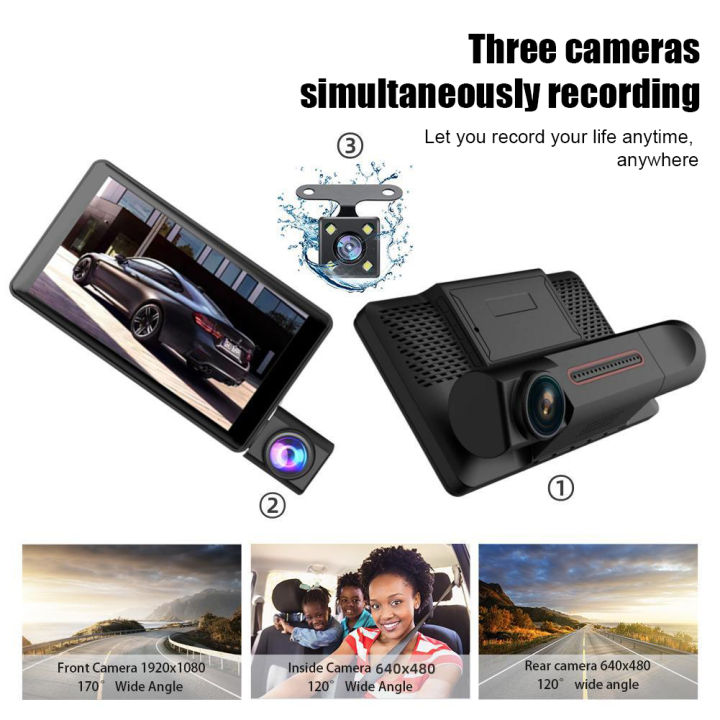EKLEVA 4 Inchs Car Dash Cam 1080P Front Inside And Rear Car DVR Camera  Video Recorder Night Vison G-Sensor Loop Recording 24h Parking Monitor