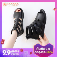 [Taobao]รองเท้าแตะหนังแท้  รองเท้าปากปลาฉลุลายพื้นนุ่มกันลื่นสำหรับผู้หญิงรองเท้าโรมัน