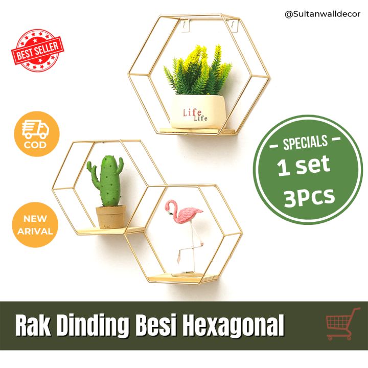 Rak Dinding Hexagonal Satu Set 3 Pcs Rak Besi Ambalan Kayu Lazada Indonesia 4848