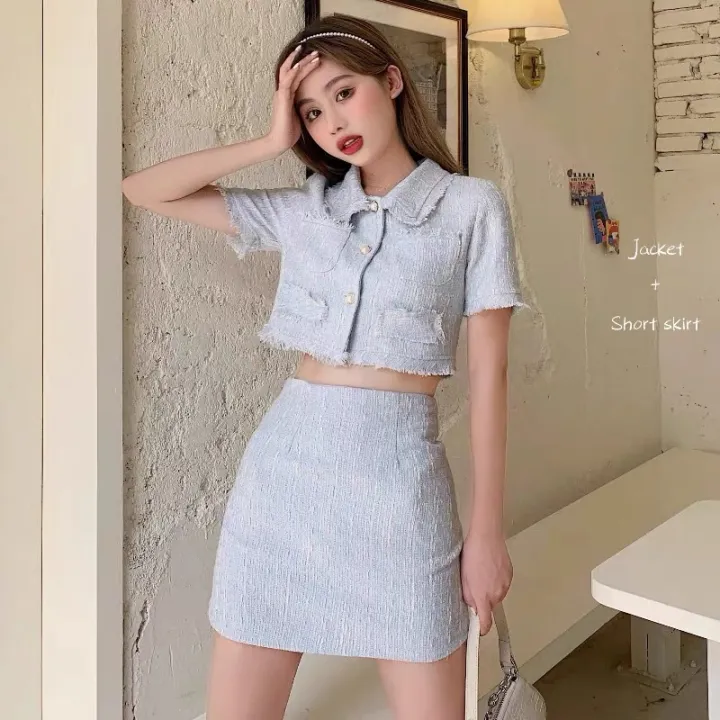 High Quality Female Elegant Skirt Suit 2021 New Fashion Tweed Two Piece Set  Women Crop Top Mini Skirt Set Two Piece Outfits | Lazada PH