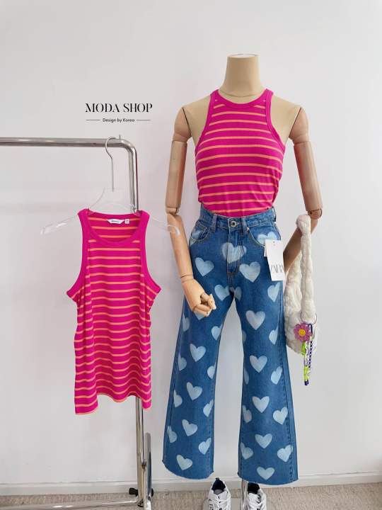 moda-shop-เสื้อกล้ามแฟชั่นผู้หญิงลายทางชมพูงานแบรนด์
