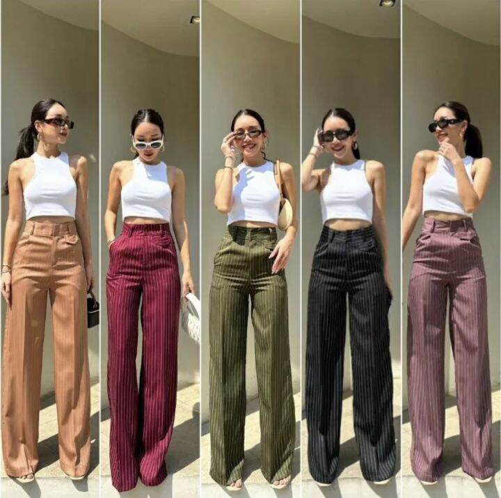 yolanda-stripe-high-waist-pantกรี๊ดดมาก-ดีไซส์ใหม่เข้า-ผ้าเดียวกัน-กางเกงเอวสูง-กางเกงขากระบอก-กางเกงแฟชั่น-กางเกงลายทาง