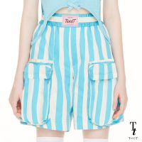 TandT - LUCUS Pants STRIPED FLAP-POCKET DETAILE SHORTS กางเกงขาสั้นทรงขาบาน ขอบเอวยางยืด ตกแต่งกระเป๋าไซส์ใหญ่ 2 ข้าง ผ้าคอตต้อนลายทางสีฟ้า-ขาว