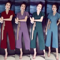 4343  Jumpsuit คอวี แต่งสายผูกสีน้ำตาลชุดทำงาน/ทำบุญ/ออกงานชุดเที่ยว