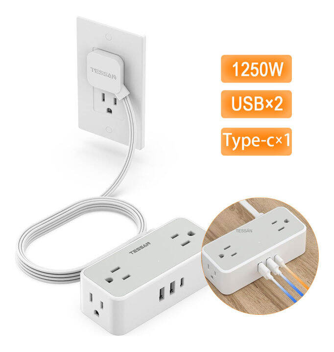 T ESSAN Slim Flat Plug Power Bar with 4 Multiple Outlets 3 USB Ports(1