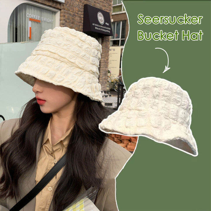 [Lady Sugar] Pleated Seersucker Bucket Hat Korean Style Sweet Summer