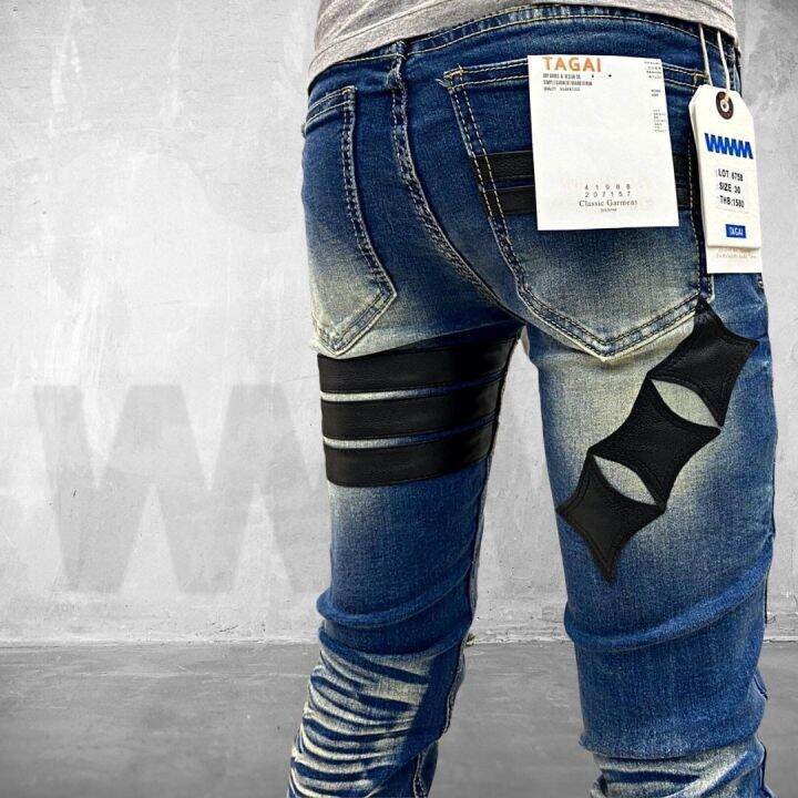 ใหม่ล่าสุด-denim-style-กางเกงยีนส์ฟอกคาดแถบลายดาวกระจาย-ลายไม้กางเขน-ลายสายฟ้าตัวใหม่สุดพร้อมเข็มขัดผ้าหรือเชือกตรงรุ่น