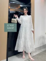 JUNIE SHOP เดรสเกาหลี เดรสลูกไม้แขนยาว กระดุมผ่าหน้า แขนจั๊ม กระดุมปั๊มตามสีชุด มีซับใน