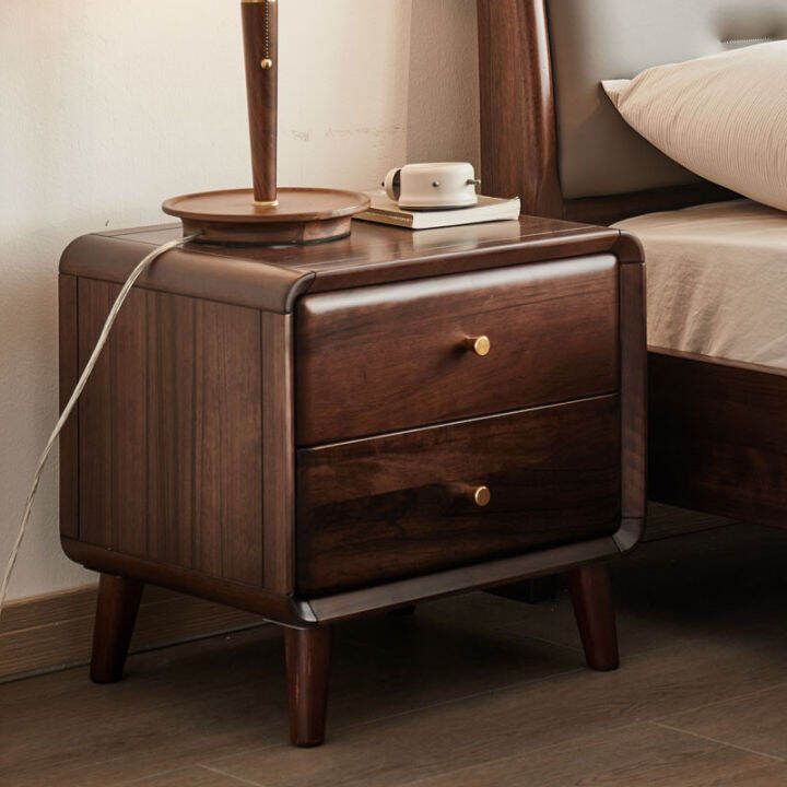 Scandinavian Black Walnut Wooden Bedside Table Bedroom Furniture Modern Minimalist Solid Wood
