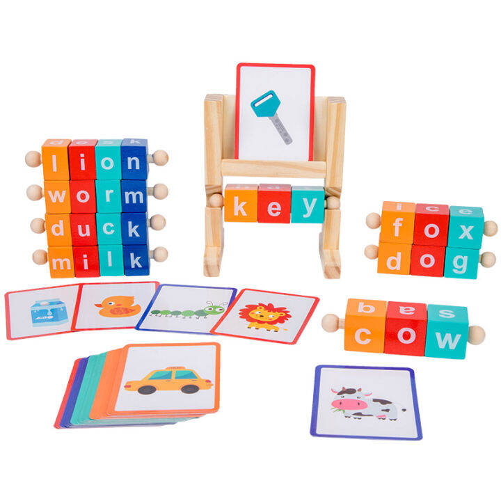 LIQU Wooden Reading Blocks Sight Words Flash Cards Spelling Games Short