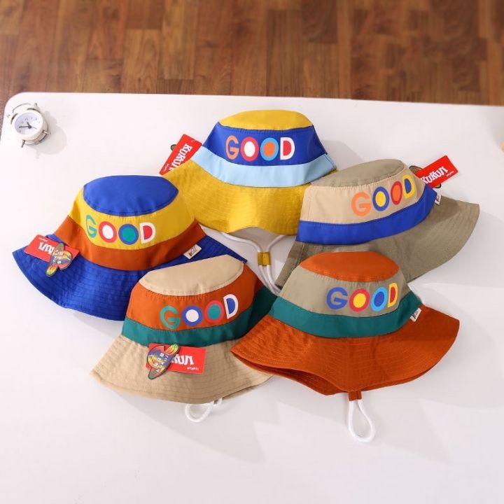 หมวกบักเก็ตเด็ก1ปี-10ปีรอบศีรษะ52-54cmผ้าต่อสลับสีงานสกรีนตัวอักษร-good-หมวกบัคเก็ตแฟชั่น