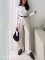 Striped Belt Pants#1551 กางเกงเอวสูงขากระบอกผ้าลาย ทรงสวยมากๆ มาพร้อมเข็มขัดฟาดๆ Classy สุด ผ้านิ่มทิ้งตัว