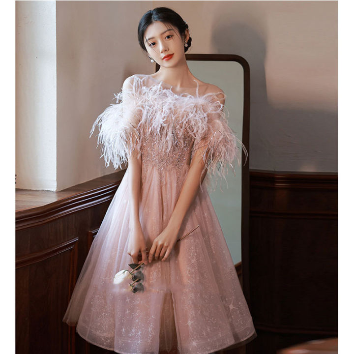 4 Design Bean Pink Short Tulle Chiffon Bridesmaid Dress - OneSimpleGown.com