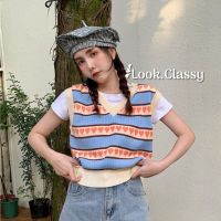 look.classy | mini heart Knit  ไม่ต้องรีด! ส่งทันที เสื้อกั๊กลายทางหัวใจ เสื้อกั๊กไหมพรม แบบสาวเกาหลี