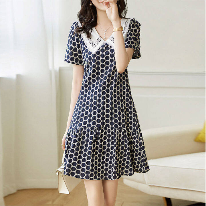 4XL French Vintage Dot Dress Puff Sleeve Women V-Neck Split Dress