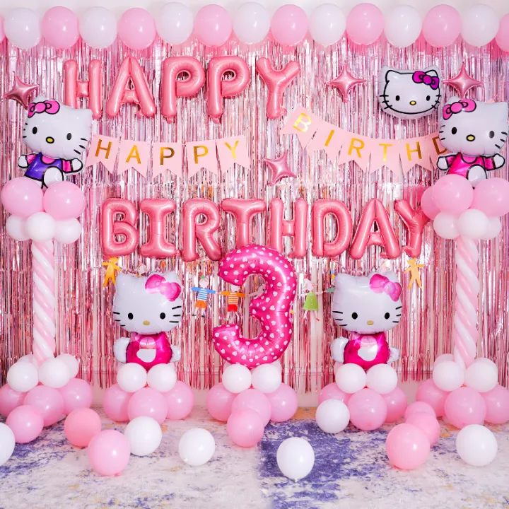 Hello Kitty Happy Birthday Backdrop Kawaii Cat Banner Cartoon Kitty Cat  Party Decoration Photography Background For Girls Kids, 5x3ft |  