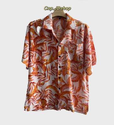 Hawaii Shirt เสื้อฮาวาย  เสื้อเชิ้ต เสื้อลายดอก สีส้ม เสื้อเชิ้ตแขนสั้น ฟรีไซส์ ใส่ได้ทั้งชายและหญิง ทรงโคล่ง ผ้าสปัน ใส่สบาย พร้อมส่ง