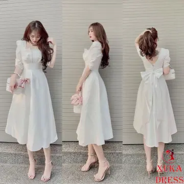 Váy trắng dự tiệc sang trọng, đầm đi đám cưới Nahouse đầm xòe tiểu thư  khoét ngực gấm xốp tay bồng thiết kế đẹp xinh xắn | Shopee Việt Nam