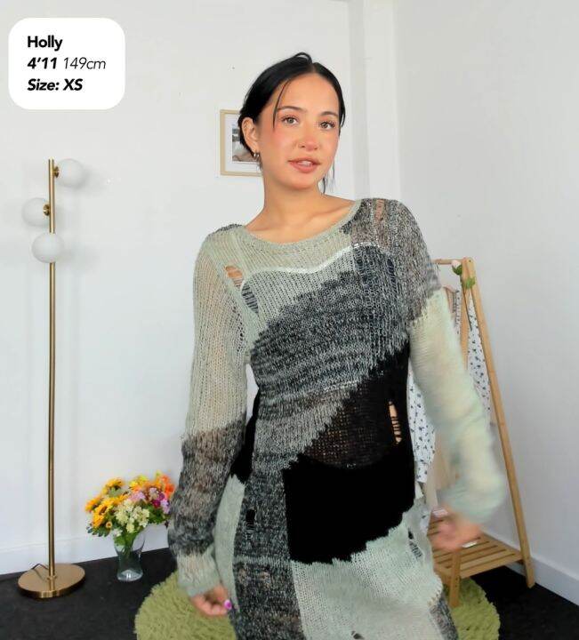 Cider Patchwork Knit Ripped Midi Dress Lazada PH