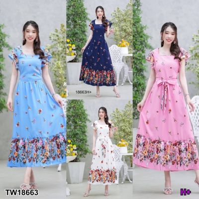 18663 Maxi dress ลายดอกเชิงทรงคอเหลี่ยม แขนระบาย ..