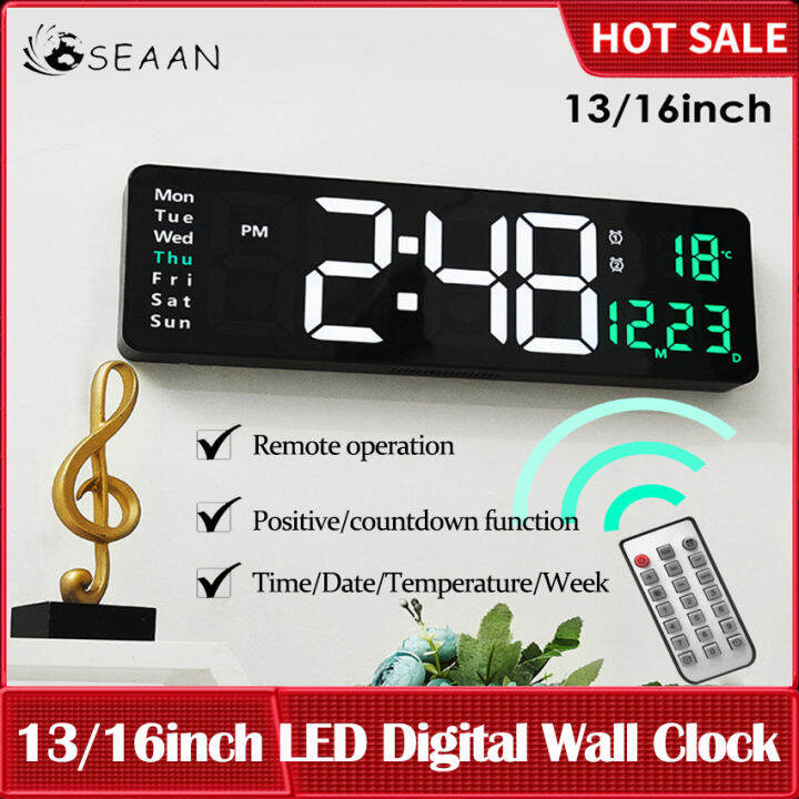 Digital Wall Clock 16inch Large Alarm Clock Remote Control Date Week Temperature Clock Dual