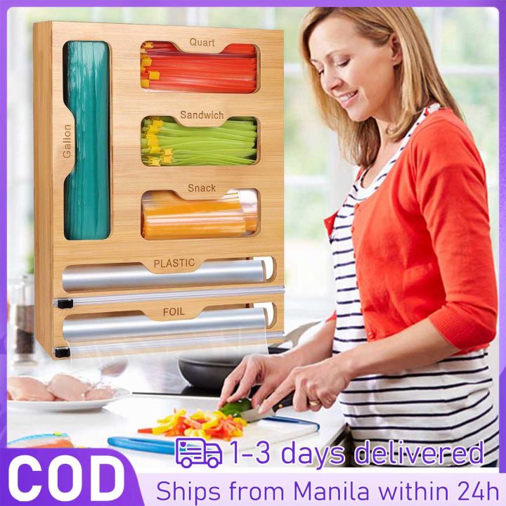 6 in 1 Bamboo Foil and Cling Wrap Dispenser with Slide Cutter Wall