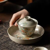 Jingdezhen กาน้ำชา Gaiwan วาดด้วยมือ, ชุดน้ำชากังฟูเซรามิก, ชามชาและถาดน้ำชารวมกัน