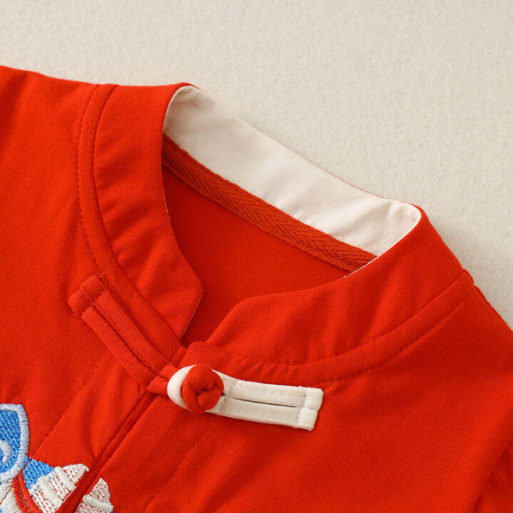 เสื้อผ้าฝ้ายแท้สำหรับทารกครบเดือนชุดออกงานสำหรับทารกชายและหญิงอายุครบร้อยวันชุดบอดี้สูทสีแดงบุขนกำมะหยี่ชุดฤดูใบไม้ร่วงและฤดูหนาว
