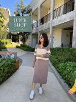 JUNIE SHOP เดรสไหมพรมแขนยาว คอปกซิป ส่งฟรี