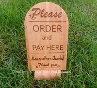 ป้าย Order &amp; Pay here ป้ายไม้ ตั้งโต๊ะ พร้อมฐานตั้ง พร้อมส่ง