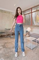 YME jeans กางเกงยีนส์เอวสูงขากระบอกตรงผ้าผสมยืดรุ่นเรียบไม่แต่งขาดใส่แล้วสูงเพรียวพรางหุ่น #21218