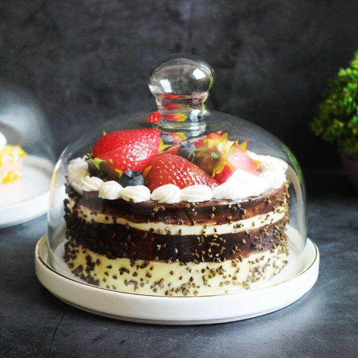 Golden Edge Ceramic Cake Plate Glass Cover Dessert Bread Dessert Table