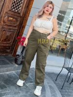 ? PLUSSIZE JEANS กางเกงยีนส์ทรงขากระบอกกระเป๋าข้างคาร์โก้เอวสูงไซล์สำหรับสาวอวบเอว34-44นิ้ว