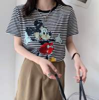 Mickey เสื้อยืด ลายริ้วสกรีนมิ้กกี้