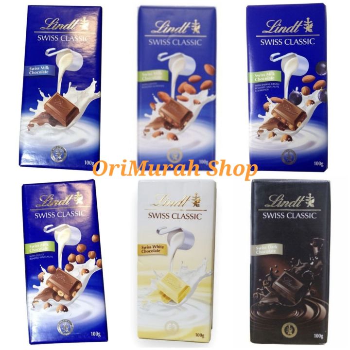 Lindt Swiss Classic Almonds Hazelnuts Raisins Milk White Dark Chocolate Bar 100g Coklat Hitam