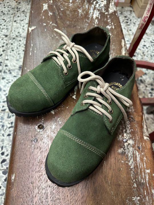 รองเท้าหัวเหล็กอันเดอร์กราวหนังสีเขียวกลับ-อึดถึกทน