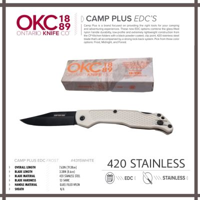 มีด Ontario รุ่น Camp Plus EDC: Frost 420 STAINLESS น้ำหนักเบามาก ใบมีดมีความหนา 2.3mm. สามารถตัดขั้วทุเรียนได้