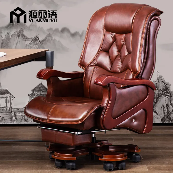 Leather Boss Chair Home Business Office Chair Reclining Lifting Massage  Computer Chair Solid Wood Swivel Chair Office Chair | Lazada PH