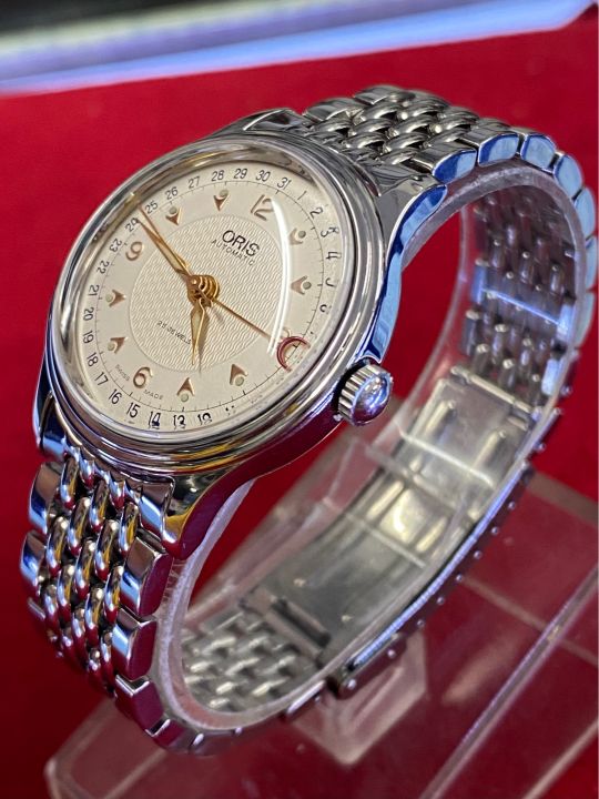 oris-25-jewels-automatic-สี่เข็ม-เข็มชี้วันที่ก้ามปู-ตัวเรือนสแตนเลส-บอยไซร์-นาฬิกาผู้ชาย-มือสองของแท้