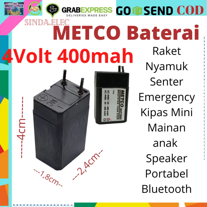 Baterai Aki Kering 4V 400mah METCO Aki Cas untuk Senter Raket Nyamuk