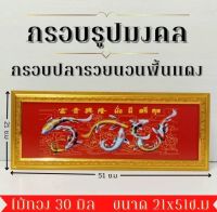 ภาพมงคลปลารวยแนวนอนพื้นแดง พร้อมกรอบไม้โพลีสีทอง ขนาดกว้าง 21 ซม. ยาว 51 ซม.