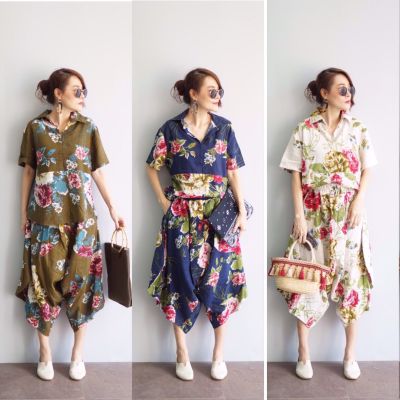 ชุดเซ็ตผ้าฝ้ายญี่ปุ่น เสื้อคอเชิ้ตแขนสั้น กางเกงทรงฮาเล็ม