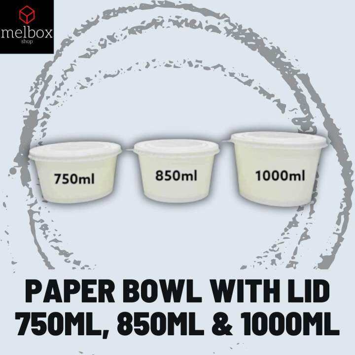 [25 pcs] Plain White Disposable Paper Bowl with Lid 750ml 850ml 1000ml ...