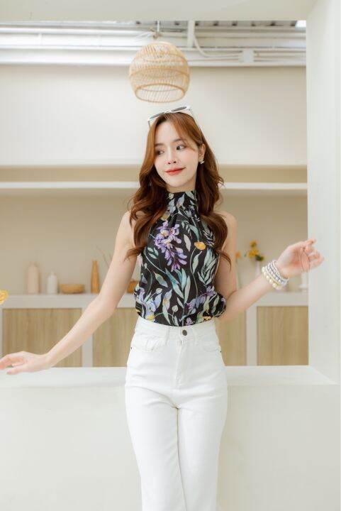 dewishes-floral-top-เสื้อคล้องคอผูกโบว์คอหลัง-ลายดอก