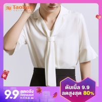 เสื้อเชิ้ตสีขาวแขนใบบัว chicbliss เสื้อเชิ้ตผู้หญิงไม่ต้องรีดผ้าซาตินมีริบบิ้นคอปกสูทใส่ทำงานในฤดูร้อนสำหรับผู้หญิง