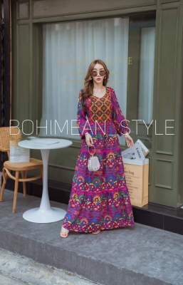 Bohemian Dress ชุดเดรสยาวสไตล์โบฮีเมียนแต่งผ้าปักลายตรงอก(รอบอก40-44") ชุดผู้หญิง ชุดแฟชั่น
