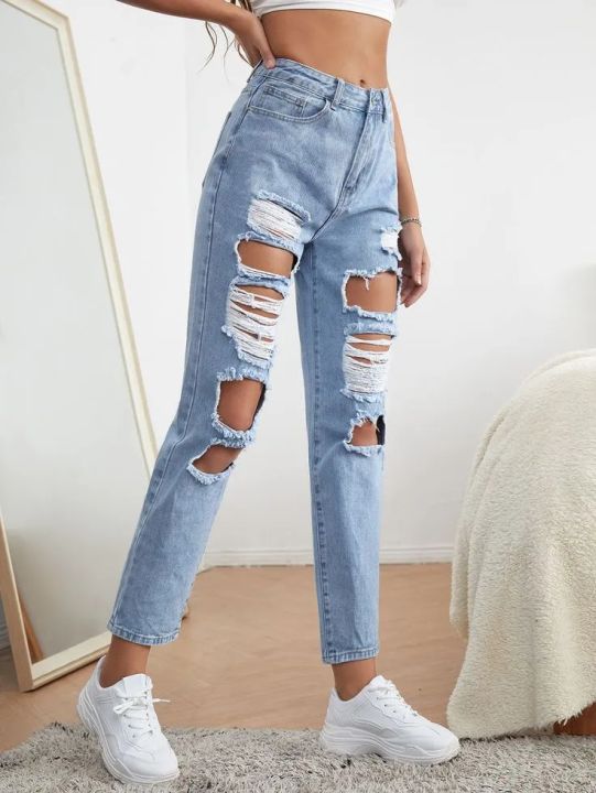 Ripped Raw Hem Mom Jeans | Lazada PH